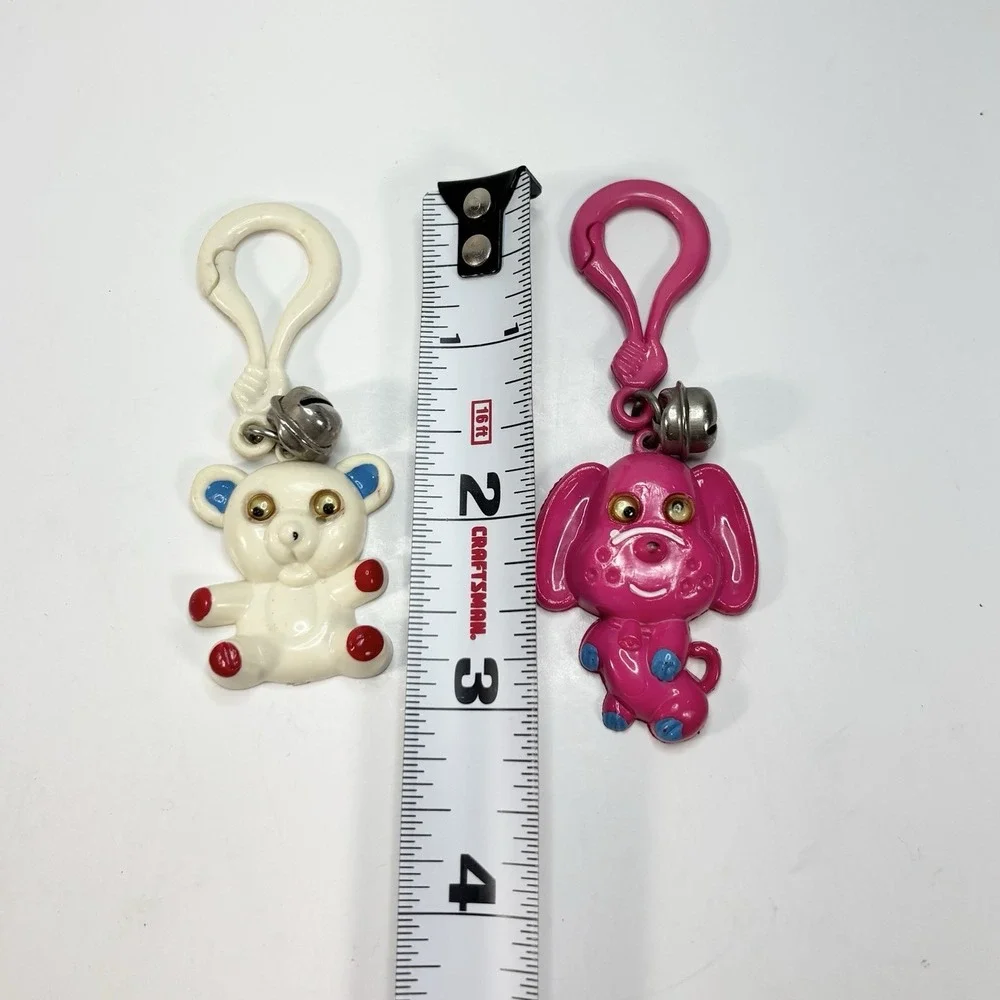 Vtg 80s Plastic Clip Bell Charm Googly Eye Teddy Bear Dog Car Set Of 3